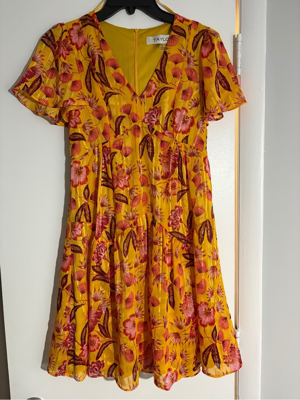 Taylor Yellow Floral V-Neck Mini Dress with Pink & Brown Print